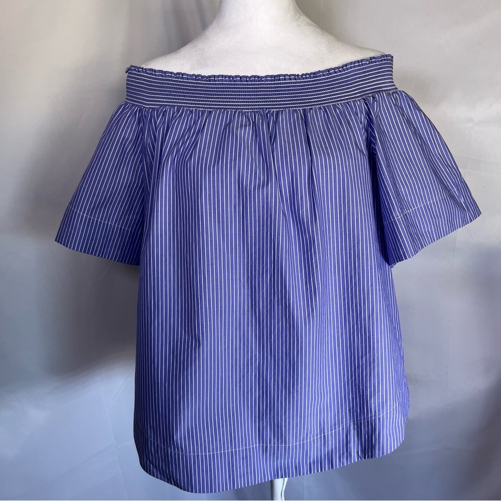 J. Crew Pin-Striped Off-Shoulder Top Blue with‎ White Stripes Size 10 Preppy